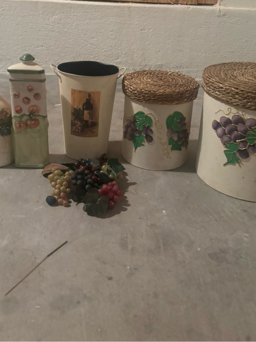 Pier 1  Cream and Green Grape Themed Canister Set with Decorative Fruit